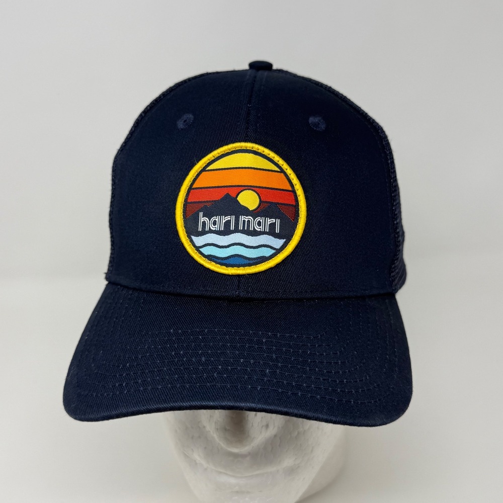 Hari Mari Navy Blue Mesh Trucker Hat Mountain Sunset Patch Snapback Cap
